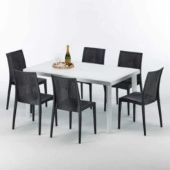 Tavolo Rettangolare Bianco 150x90 Cm Con 6 Sedie Colorate Bistrot Summerlife Colore: Nero -Giardino di Lusso 10708610 3