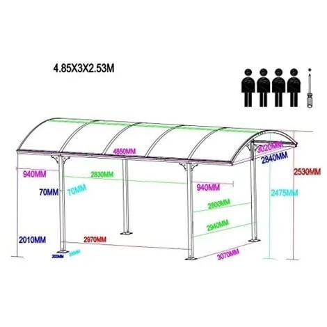 Carport Tettoia Da Esterno In Policarbonato E Alluminio - 485x300x253h Cm. 5 Carport Tettoia Da Esterno In Policarbonato E Alluminio - 485x300x253h Cm. - immagine 3