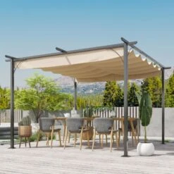 Outsunny Gazebo Pergola Da Giardino Parasole Retraibile Cornice Nera Tendale Beige, 350 X 350 X 230cm -Giardino di Lusso 12003221 2