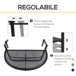 Outsunny Tavolino Da Appendere Alla Ringhiera Del Balcone, Regolabile In Altezza, Ferro, Nero, 60x45x50 Cm -Giardino di Lusso 12003757 4