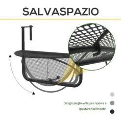 Outsunny Tavolino Da Appendere Alla Ringhiera Del Balcone, Regolabile In Altezza, Ferro, Nero, 60x45x50 Cm -Giardino di Lusso 12003757 5