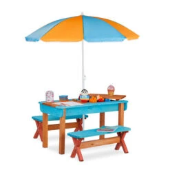 Relaxdays Tavolo Bambini Con Ombrellone, In Legno, Set Composto Da Tavolo, 2x Panche & Ombrellone, Da Giardino, Colorato