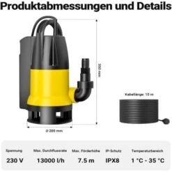 Pompa Per Acque Reflue 13000 L/h 750 W Prevalenza Max 7,5 M Per Particelle Fino A Ø 35 Mm -Giardino di Lusso 16492380 3