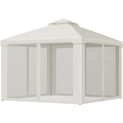 Outsunny Gazebo Da Giardino Con Paletti E Corde Doppio Tetto Zanzariera Pareti Laterali Beige 295 X 295 X 263 Cm