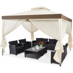 COSTWAY Gazebo Da Giardino Con Zanzariera 3 X 3 M, Struttura In Acciaio E 4 Tendine Poliestere Laterali, Beige