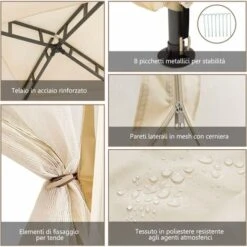 COSTWAY Gazebo Da Giardino Con Zanzariera 3 X 3 M, Struttura In Acciaio E 4 Tendine Poliestere Laterali, Beige -Giardino di Lusso 19907656 3