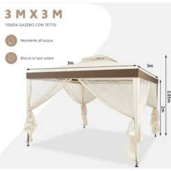 COSTWAY Gazebo Da Giardino Con Zanzariera 3 X 3 M, Struttura In Acciaio E 4 Tendine Poliestere Laterali, Beige -Giardino di Lusso 19907656 4