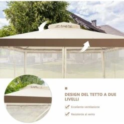 COSTWAY Gazebo Da Giardino Con Zanzariera 3 X 3 M, Struttura In Acciaio E 4 Tendine Poliestere Laterali, Beige -Giardino di Lusso 19907656 5