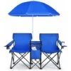 COSTWAY Set Di 2 Sedie Da Campeggio Pieghevoli, Con Ombrellone E Tavolino Contenitore, Resistente E Leggero, Capacità 270 Kg (blu Navy)