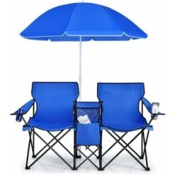 COSTWAY Set Di 2 Sedie Da Campeggio Pieghevoli, Con Ombrellone E Tavolino Contenitore, Resistente E Leggero, Capacità 270 Kg (blu Navy)
