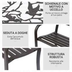 Outsunny Panchina Per Esterni In Ghisa Con Schienale Con Decorazioni 127x60cm Marrone -Giardino di Lusso 23007820 5