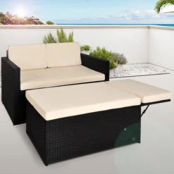 Deuba Mobili Da Giardino Divano E Ottomana In Polirattan Cuscini Idrorepellenti Arredamento Esterno Balcone Terrazza Patio Piscina Nero -Giardino di Lusso 28671331 3