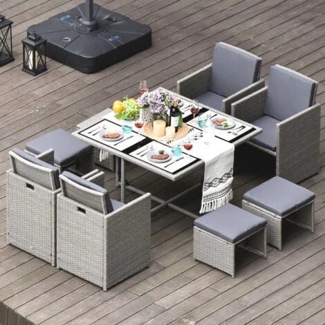 Outsunny Set Mobili Da Giardino Esterno 9 Pezzi Tavolo Con 4 Sedie 4 Poggiapiedi In Rattan, Grigio 4 Outsunny Set Mobili Da Giardino Esterno 9 Pezzi Tavolo Con 4 Sedie 4 Poggiapiedi In Rattan, Grigio - immagine 2