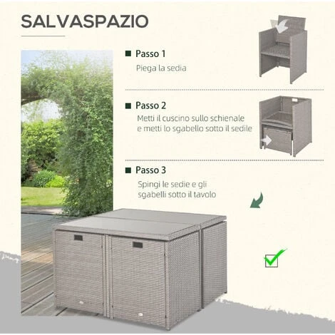 Outsunny Set Mobili Da Giardino Esterno 9 Pezzi Tavolo Con 4 Sedie 4 Poggiapiedi In Rattan, Grigio 7 Outsunny Set Mobili Da Giardino Esterno 9 Pezzi Tavolo Con 4 Sedie 4 Poggiapiedi In Rattan, Grigio - immagine 5