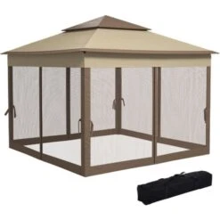 Outsunny Gazebo Doppio Tetto Impermeabile Con Zanzariere, Marrone, 325x325cm
