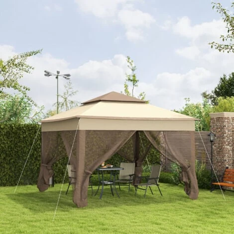 Outsunny Gazebo Doppio Tetto Impermeabile Con Zanzariere, Marrone, 325x325cm 4 Outsunny Gazebo Doppio Tetto Impermeabile Con Zanzariere, Marrone, 325x325cm - immagine 2