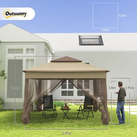 Outsunny Gazebo Doppio Tetto Impermeabile Con Zanzariere, Marrone, 325x325cm 5 Outsunny Gazebo Doppio Tetto Impermeabile Con Zanzariere, Marrone, 325x325cm - immagine 3