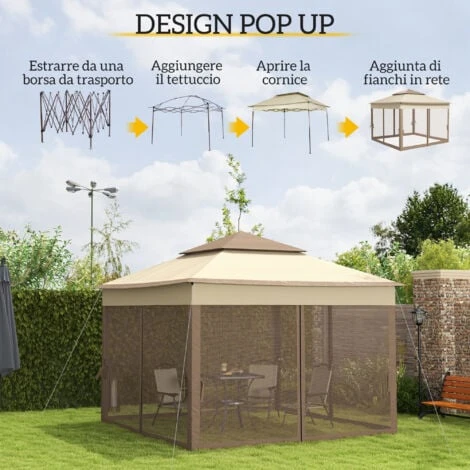 Outsunny Gazebo Doppio Tetto Impermeabile Con Zanzariere, Marrone, 325x325cm 6 Outsunny Gazebo Doppio Tetto Impermeabile Con Zanzariere, Marrone, 325x325cm - immagine 4