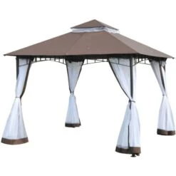 Outsunny Gazebo Da Giardino 3x3m Con Zanzariera, Tetto A 2 Livelli In Poliestere Struttura In Metallo Marrone