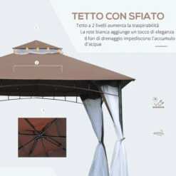 Outsunny Gazebo Da Giardino 3x3m Con Zanzariera, Tetto A 2 Livelli In Poliestere Struttura In Metallo Marrone -Giardino di Lusso 29444136 4