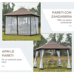 Outsunny Gazebo Da Giardino 3x3m Con Zanzariera, Tetto A 2 Livelli In Poliestere Struttura In Metallo Marrone -Giardino di Lusso 29444136 5