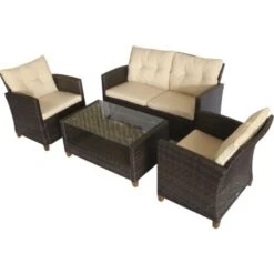 Outsunny Set Mobili Da Giardino 4 Pezzi In Rattan PE Tavolino, Divano E Poltrone Marrone Con Cuscini Beige