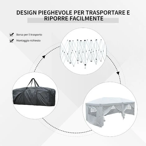 Outsunny Gazebo Pieghevole Da Giardino Con 6 Pannelli Laterali, Bianco, 6x3x2.55m 6 Outsunny Gazebo Pieghevole Da Giardino Con 6 Pannelli Laterali, Bianco, 6x3x2.55m - immagine 4