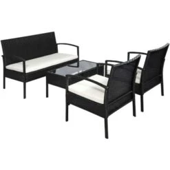 Outsunny Set Mobili In PE Rattan Da Esterno Con Tavolino, 2 Poltrone E Divano Con Cuscini, Nero