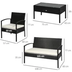 Outsunny Set Mobili In PE Rattan Da Esterno Con Tavolino, 2 Poltrone E Divano Con Cuscini, Nero -Giardino di Lusso 29808855 3