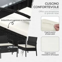 Outsunny Set Mobili In PE Rattan Da Esterno Con Tavolino, 2 Poltrone E Divano Con Cuscini, Nero -Giardino di Lusso 29808855 5