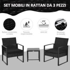 Outsunny Set Mobili In Rattan Da Esterno Tavolino Con 2 Sedie Con Cuscini, Nero -Giardino di Lusso 29809004 4