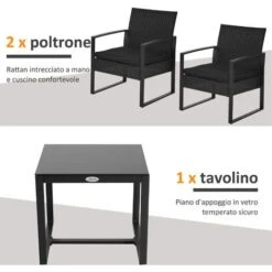 Outsunny Set Mobili In Rattan Da Esterno Tavolino Con 2 Sedie Con Cuscini, Nero -Giardino di Lusso 29809004 5