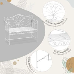 Outsunny Panchina Biposto Da Giardino Stile Romantico In Ferro, Bianco, 109.5x51x95.5cm -Giardino di Lusso 29809544 5