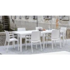 Dmora Tavolo Da Esterno Roma, Tavolo Rettangolare Allungabile Da Pranzo, Tavolo Da Giardino Estensibile Effetto Rattan, 100% Made In Italy, Cm 150x90h72, Bianco