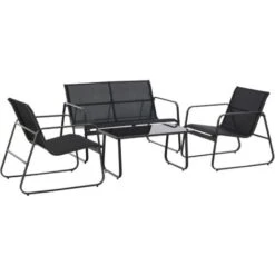Outsunny Set Tavolino Con Panchina E 2 Sedie Da Giardino, Arredamento Da Esterno In Metallo E Textilene, Nero