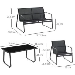 Outsunny Set Tavolino Con Panchina E 2 Sedie Da Giardino, Arredamento Da Esterno In Metallo E Textilene, Nero -Giardino di Lusso 30531124 3