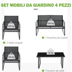 Outsunny Set Tavolino Con Panchina E 2 Sedie Da Giardino, Arredamento Da Esterno In Metallo E Textilene, Nero -Giardino di Lusso 30531124 4