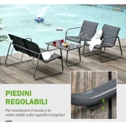 Outsunny Set Tavolino Con Panchina E 2 Sedie Da Giardino, Arredamento Da Esterno In Metallo E Textilene, Nero -Giardino di Lusso 30531124 5