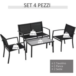 Outsunny Salotto Da Esterno, Set 4 Pezzi Con 1 Tavolino, 2 Sedie Da Giardino E 1 Panca In Metallo, Nero -Giardino di Lusso 30531161 4