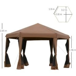 Outsunny Gazebo Da Giardino Pieghevole Con Zanzariera, Struttura Esagonale Acciaio E Poliestere, 3.6x3.6x2.6m Marrone -Giardino di Lusso 30953901 3