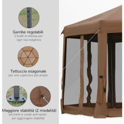 Outsunny Gazebo Da Giardino Pieghevole Con Zanzariera, Struttura Esagonale Acciaio E Poliestere, 3.6x3.6x2.6m Marrone -Giardino di Lusso 30953901 5