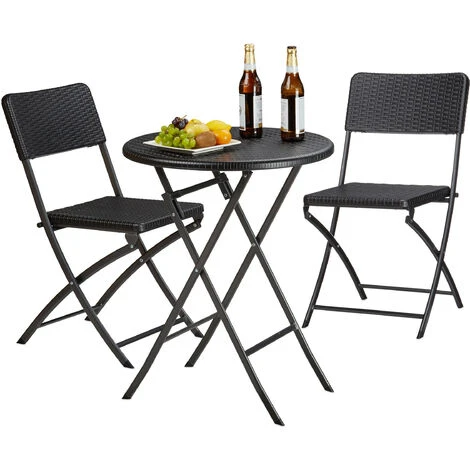 Relaxdays Set Mobili Da Giardino BASTIAN, Tavolo E Sedie Campeggio, Pieghevoli, Rattan, HxLxP 75,5x60x60 Cm, Nero 3 Relaxdays Set Mobili Da Giardino BASTIAN, Tavolo E Sedie Campeggio, Pieghevoli, Rattan, HxLxP 75,5x60x60 Cm, Nero