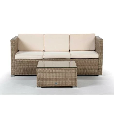 KieferGarden - Set Di Mobili Da Giardino E Terrazza, 3 Posti, Beige, Rattan Sintetico, Divano (160x69x65), Tavolo (61x61x37) 3 KieferGarden - Set Di Mobili Da Giardino E Terrazza, 3 Posti, Beige, Rattan Sintetico, Divano (160x69x65), Tavolo (61x61x37)
