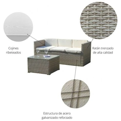KieferGarden - Set Di Mobili Da Giardino E Terrazza, 3 Posti, Beige, Rattan Sintetico, Divano (160x69x65), Tavolo (61x61x37) 6 KieferGarden - Set Di Mobili Da Giardino E Terrazza, 3 Posti, Beige, Rattan Sintetico, Divano (160x69x65), Tavolo (61x61x37) - immagine 4