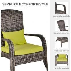 Outsunny Poltrona Da Giardino In PE Rattan Con Braccioli E Cuscini Imbottiti Grigia E Verde -Giardino di Lusso 32846924 5