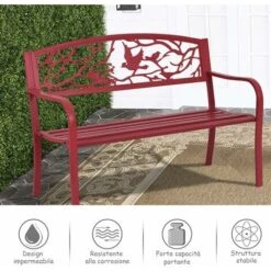 Panca Da Giardino, Panca Da Esterno Con Motivo Con Uccelli, Panca Robusta E Anticorrosiva, Panca Con Schienale E Braccioli, Di Metallo, Rosso, 123x88/81x60 Cm -Giardino di Lusso 39332823 4