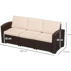 Outsunny Divano A 3 Posti In PE Rattan Con Cuscini, 199 X 71 X 75cm Marrone -Giardino di Lusso 3993897 3