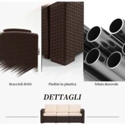 Outsunny Divano A 3 Posti In PE Rattan Con Cuscini, 199 X 71 X 75cm Marrone -Giardino di Lusso 3993897 4