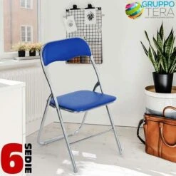 Set 6 Pezzi Sedie Imbottite Pieghevoli Colore BLU Struttura Silver Sedia Metal -Giardino di Lusso 4296518 3