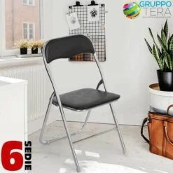 Set 6 Pezzi Sedie Imbottite Pieghevoli Colore Nero Struttura Silver Sedia Metal -Giardino di Lusso 4296527 3